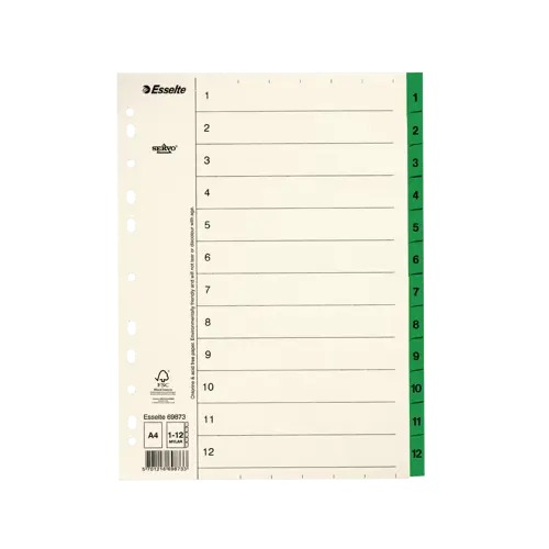 Tabbladen Esselte karton A4 107g 1-12 11-gaats groen