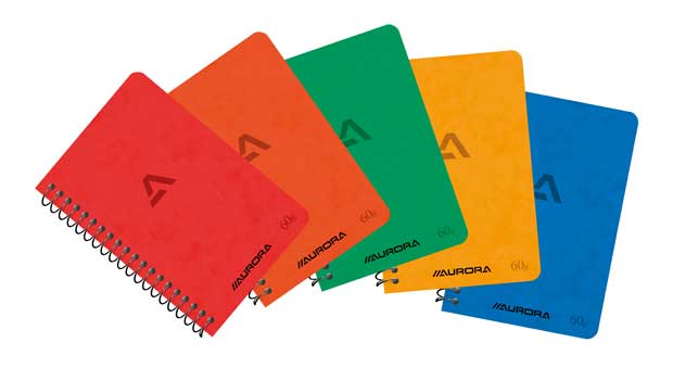 Spiraalschrift Aurora Writing 60 karton 75x110mm 80blz zonder kantlijn geruit 5mm assorti