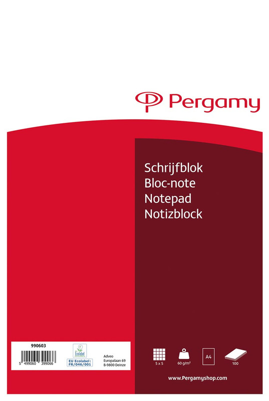 Schrijfblok Pergamy kopgeniet A4 100vel geruit 5mm