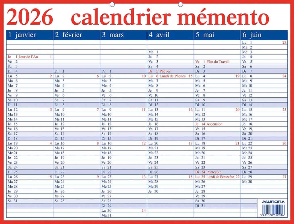 Kalender Aurora Memento 20 420mm x 330mm FR 2026
