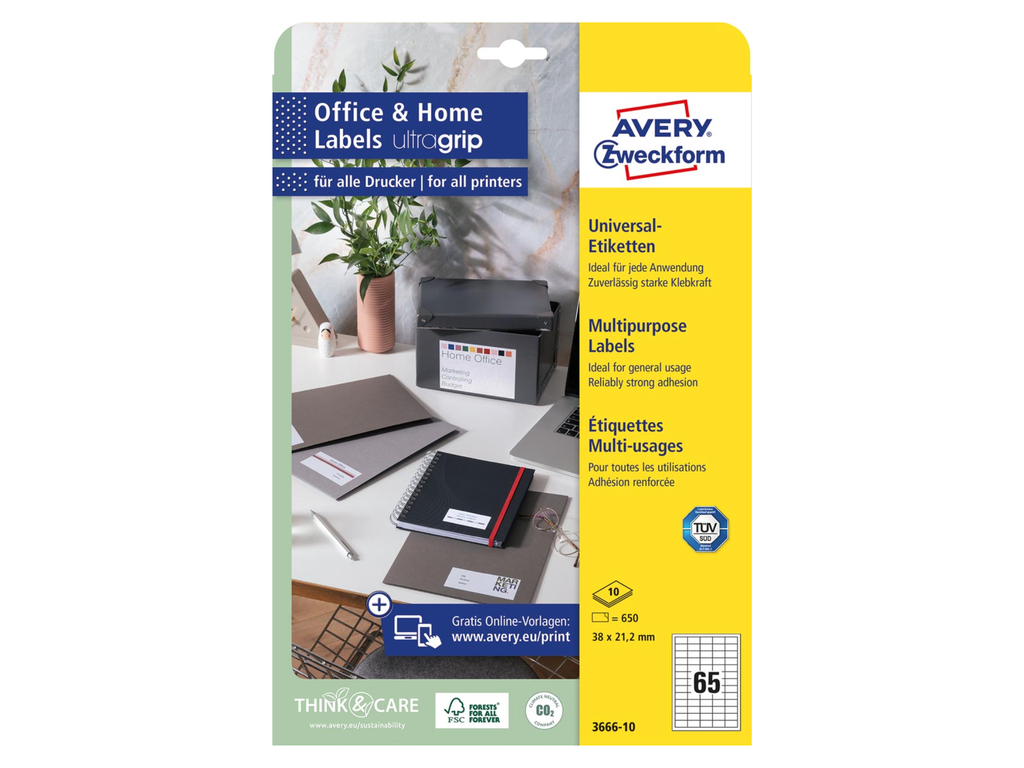 Etiket Avery universeel permanent klevend 65 etiket /bl 38x21,2mm wit (650)
