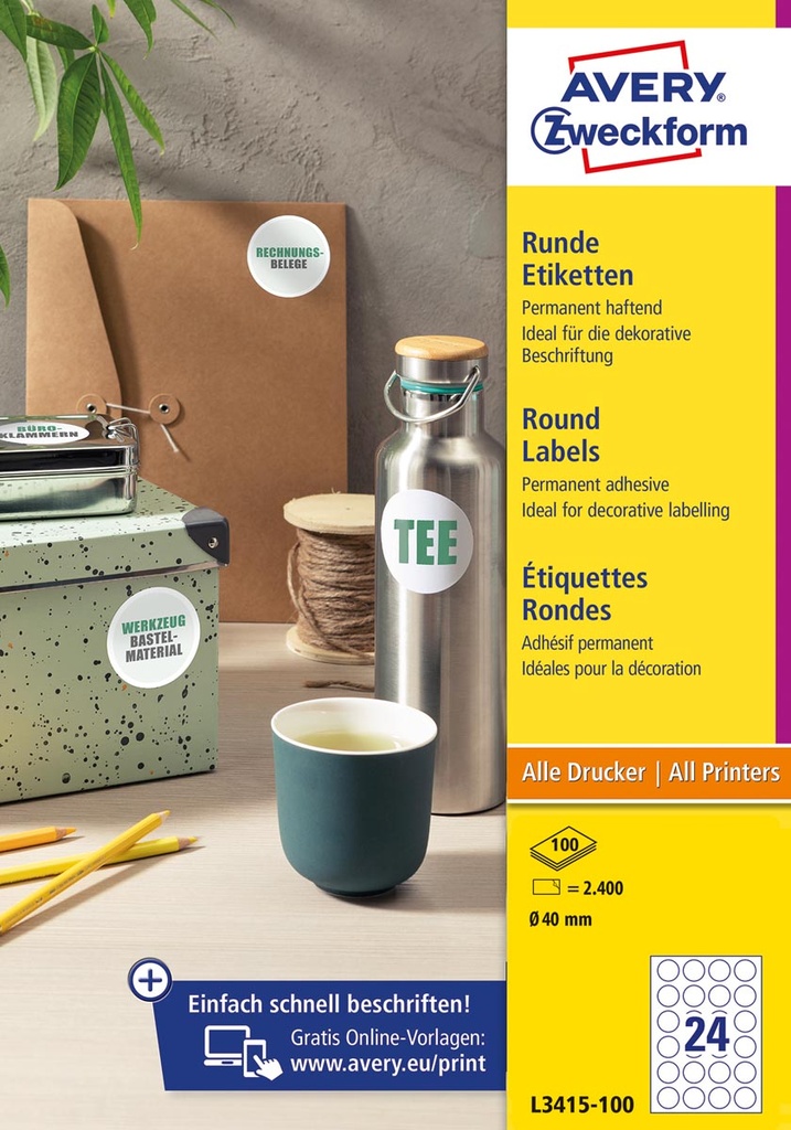 Etiketten Avery rond permanent klevend 24 Etiketten/blad Ø40mm wit (10bl/doos)