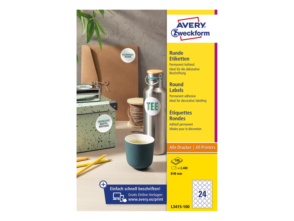 Etiketten Avery rond permanent klevend 24 Etiketten/blad Ø40mm wit (10bl/doos)