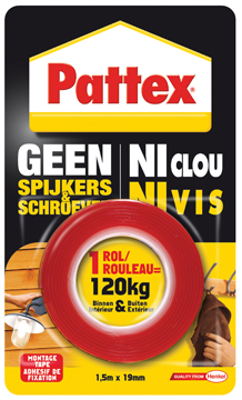 Dubbelzijdige montagetape Pattex 19mmx1,5m tot 120kg