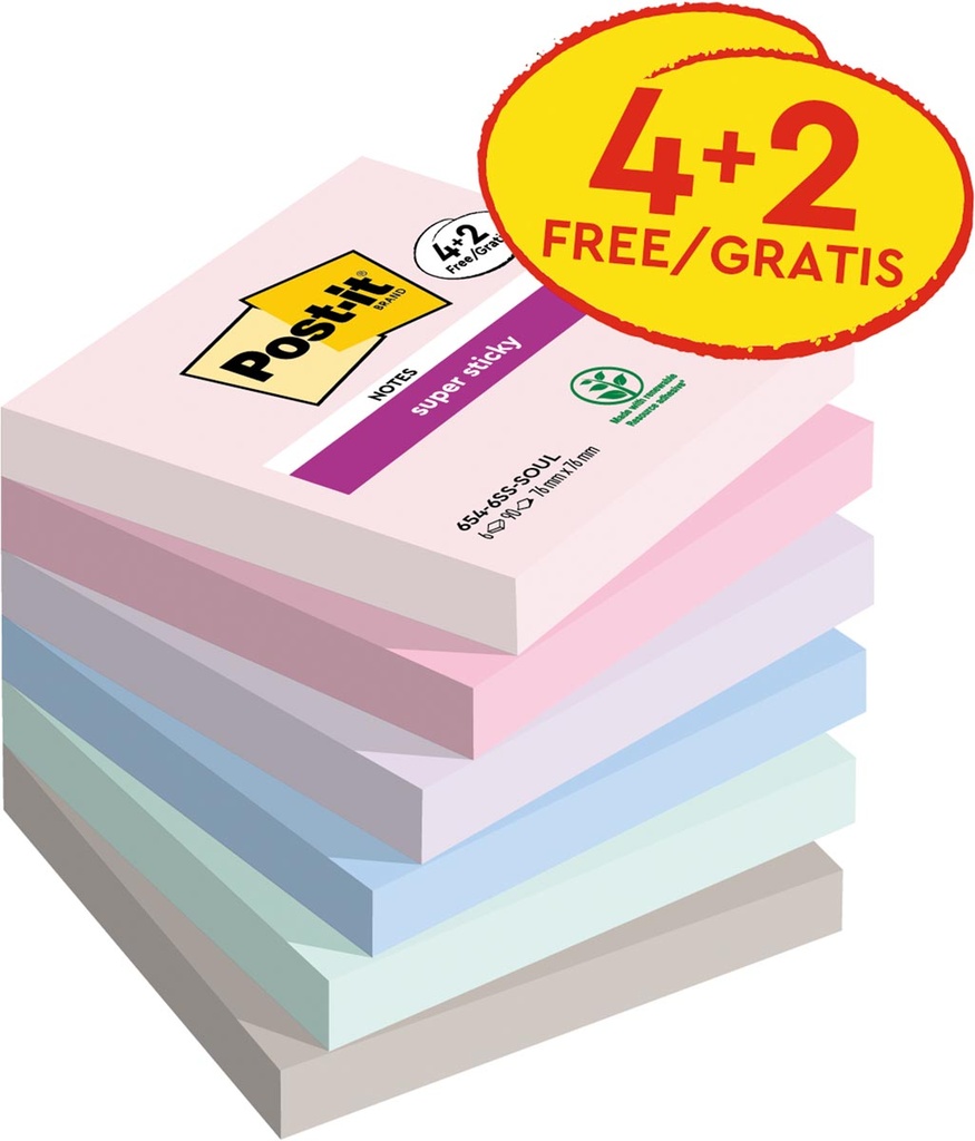 Memoblok Post-It Super Sticky Soulful 76x76mm 90vel 4+2 gratis assorti (6)