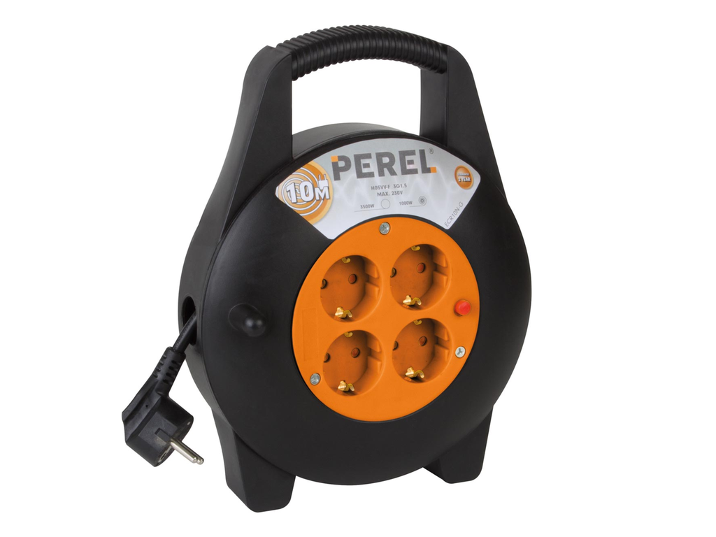 Kabelhaspel met 4 stopcontacten Perel 3G1.5 10m Geel en Zwart
