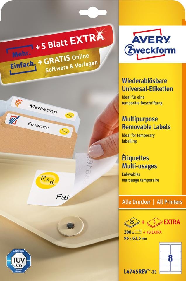 Etiketten Avery afneembaar 08 etik/bl 96x63,5mm wit (25)