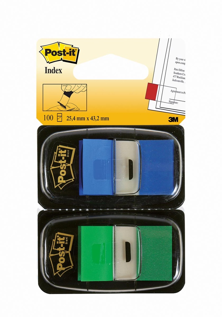 Index Post-It Standaard 25,4x43,2mm 50tabs per kleur groen en blauw blister (2)