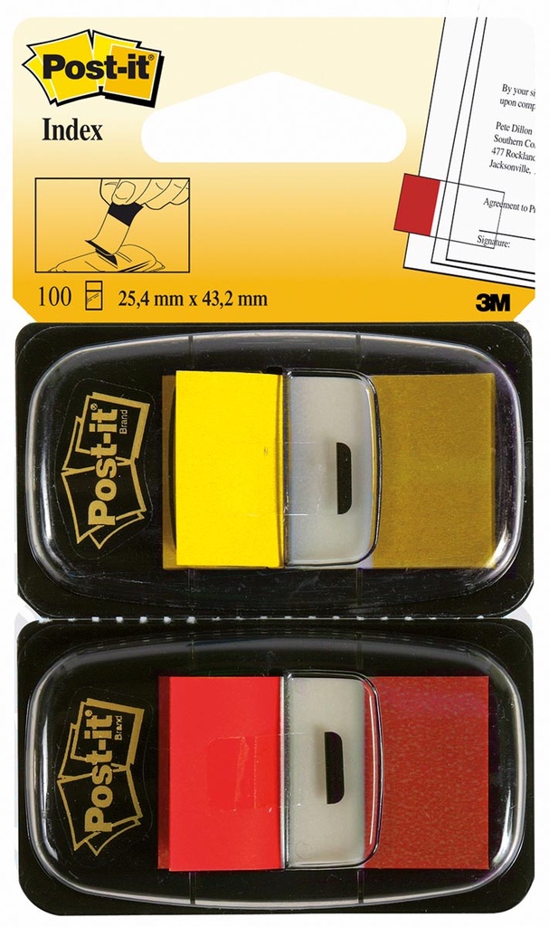 Index Post-It Standaard 25,4x43,2mm 50tabs per kleur rood en geel blister (2)