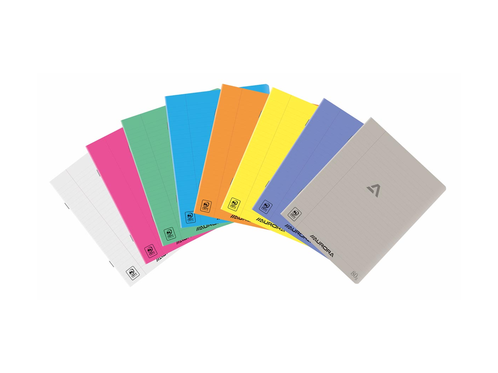 Schrift Aurora Writing 80 PP A5 gelijnd 72blz rode kantlijn assorti