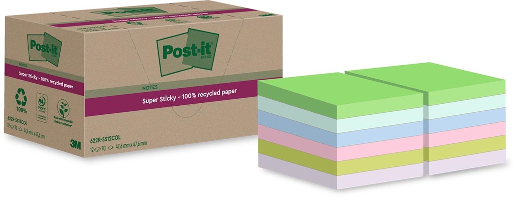 Memoblok Post-It Super Sticky Notes Recycled 47,6x47,6mm 70vel assorti (12)