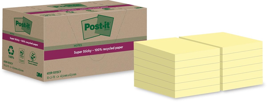 Memoblok Post-It Super Sticky Notes Recycled 47,6x47,6mm 70vel geel (12)
