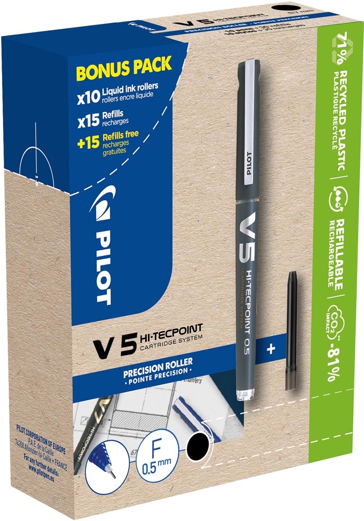Roller Hi-Tecpoint Pilot V5 10 rollers + 30 vullingen fijne punt 0,5mm zwart 