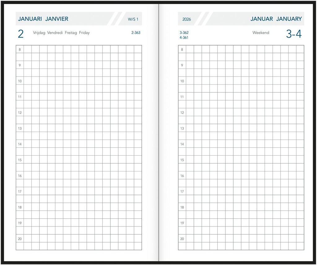 Zakagenda Aurora Technica 10 Seta 105x165mm viertalig assorti 2027 1 dag/pagina