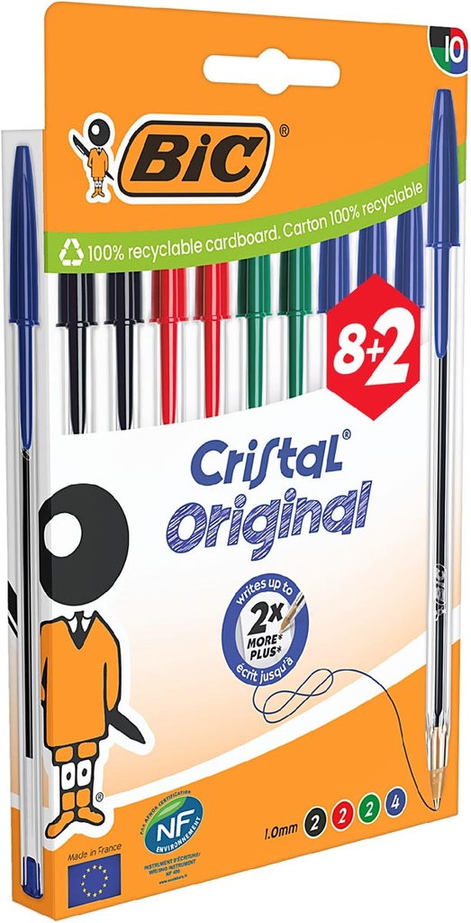 Balpen Bic Cristal medium blister assorti 8+2 gratis (10)