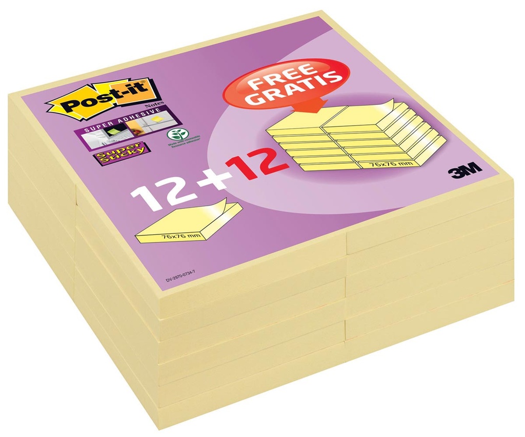 Memoblok Post-It Super Sticky Notes 76x76mm 90vel promopak geel 12+12 gratis geel (24)