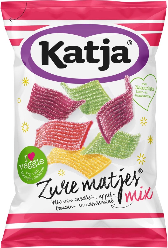 Snoep Katja Zure Matjes mix van aardbei-, appel-, banaan- en cassissmaak zak 250g