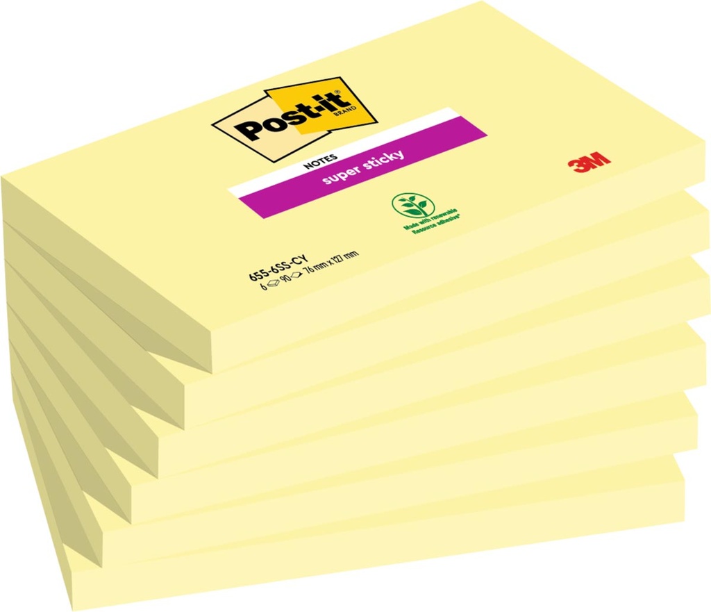 Memoblok Post-It Super Sticky Notes 76x127mm 90vel kanariegeel (6)