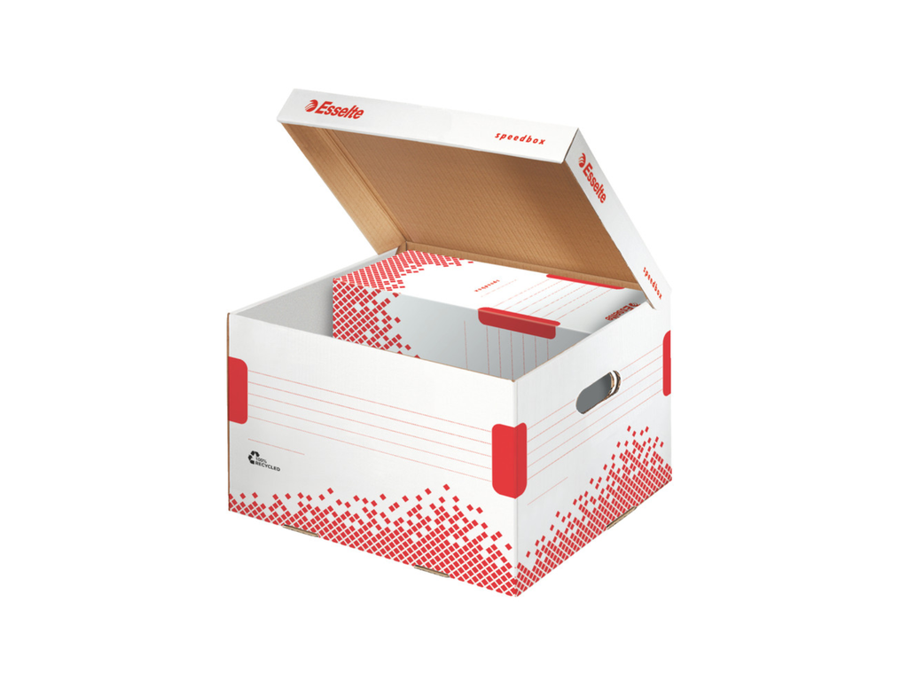 Archiefcontainer Esselte Speedbox karton 367x263x325mm met klepdeksel wit/rood
