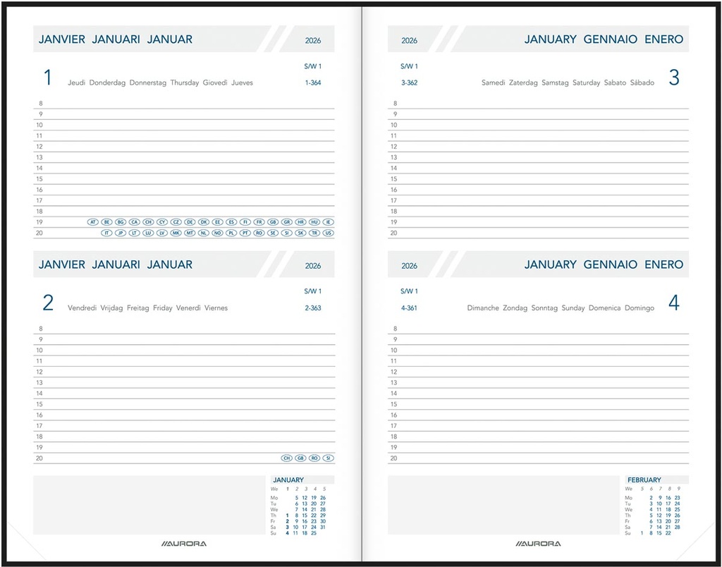 Agenda Aurora Folio FA111 Balacron 140x210mm zestalig zwart 2027 2 dagen/pagina