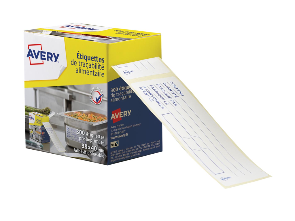 Etiketten voedselcodering Avery 98x40mm afscheurbaar in dispenser Franstalig (300)