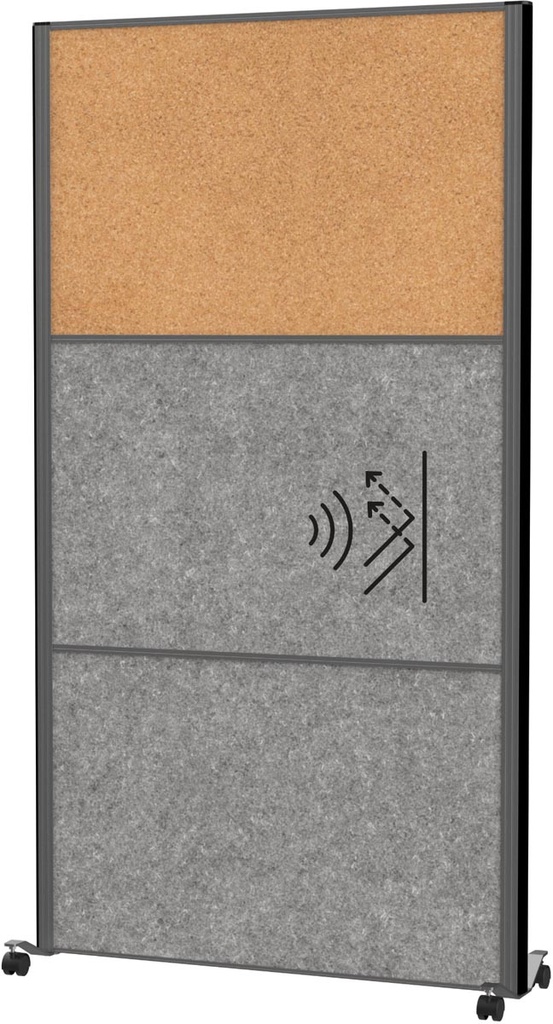 Akoestische scheidingswand MAULconnecto 180x100cm 2 panelen donkergrijs en 1 paneel kurk en frame antraciet met wielen mobiel