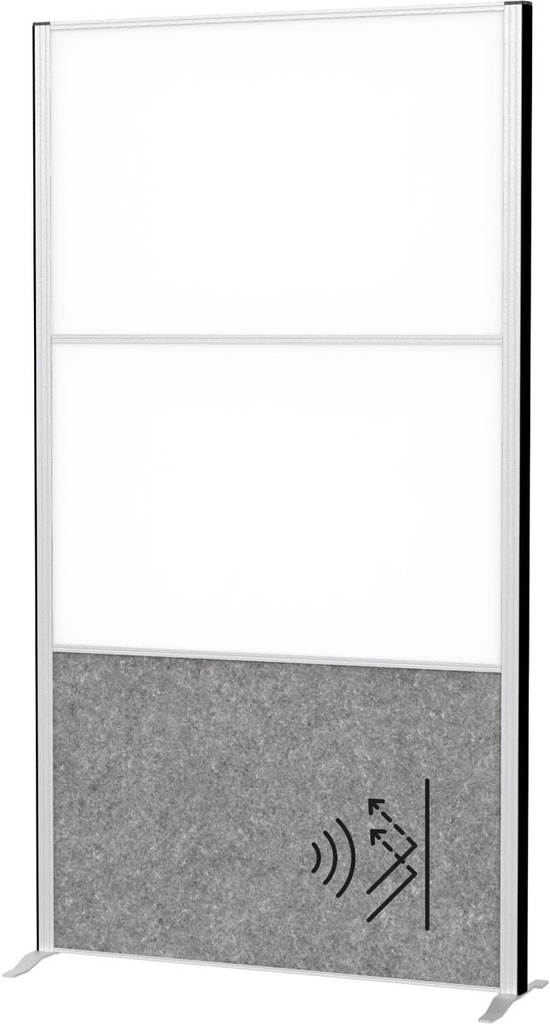 Akoestische scheidingswand MAULconnecto 180x100cm 1 paneel donkergrijs en 2 panelen whiteboard en frame zilver met voet