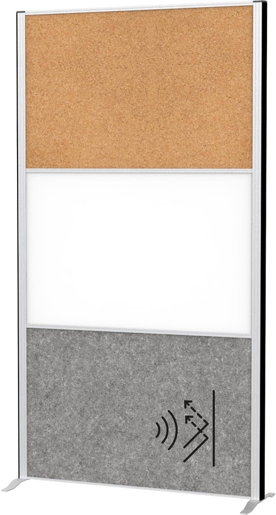 Akoestische scheidingswand MAULconnecto 180x100cm 1 paneel donkergrijs en 1 paneel whiteboard 1 paneel kurk en frame zilver met voet