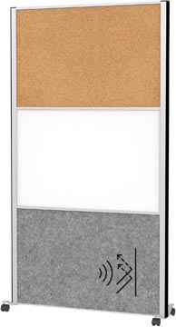 Akoestische scheidingswand MAULconnecto 180x100cm 1 paneel donkergrijs en 1 paneel whiteboard 1 paneel kurk en frame zilver met wielen mobiel