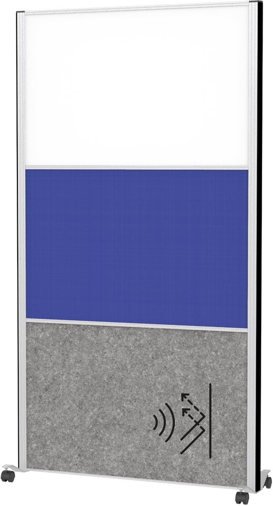 Akoestische scheidingswand MAULconnecto 180x100cm 1 paneel donkergrijs en 1 paneel blauw textiel 1 paneel whiteboard en frame zilver met wielen mobiel