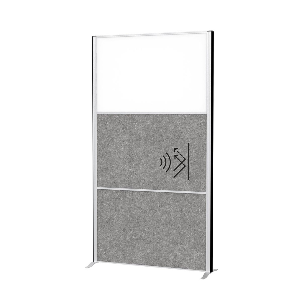 Akoestische scheidingswand MAULconnecto 180x100cm 2 panelen donkergrijs en 1 paneel whiteboard en frame zilver met voet