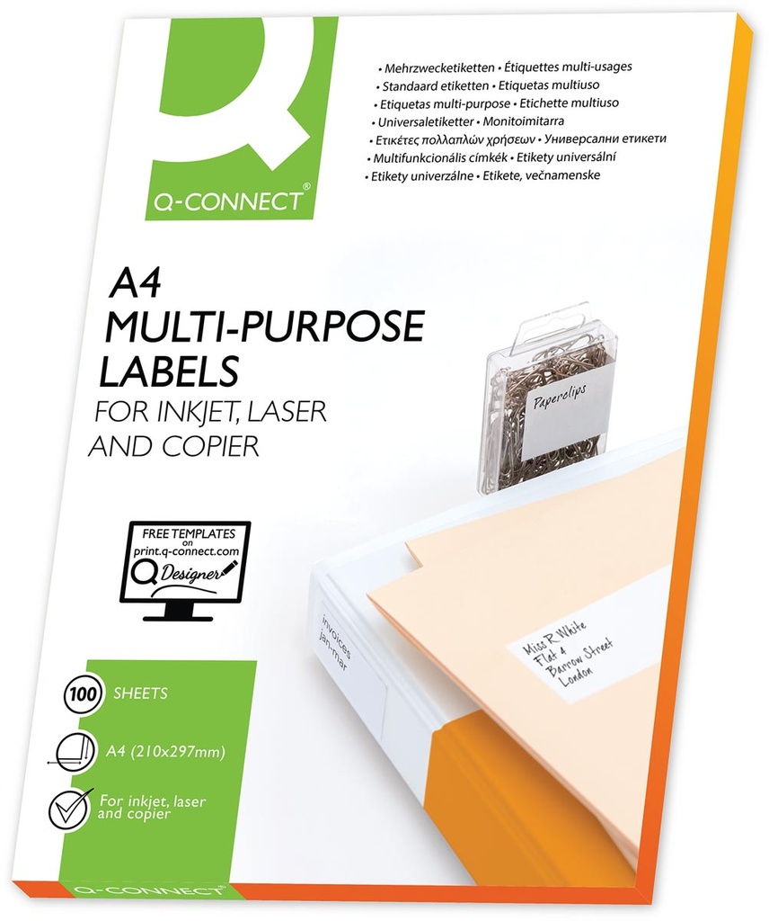 Etiketten Q-Connect 24 etik/bl 70x37mm wit rechte hoeken (100)