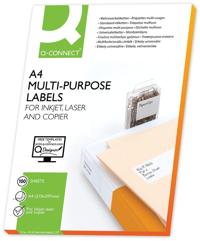 Etiketten Q-Connect 01 etik/bl 210x297mm wit rechte hoeken (100)