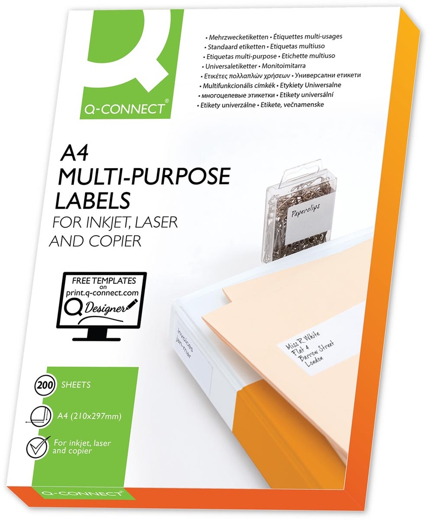Etiketten Q-Connect 01 etik/bl 210x297mm wit rechte hoeken (200)