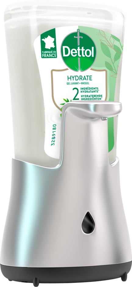 Automatische handzeepdispenser Dettol no touch incl navulling aloë vera en bamboe 250ml zilver