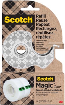 Plakbandafroller duurzaam Scotch RVS met 2 rolletjes Scotch Magic Tape 19mmx13,9m