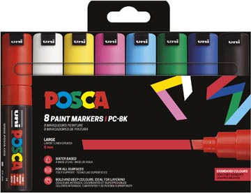 Paintmarker Uni Posca PC-8K beitelpunt 8mm assorti basiskleuren (8)