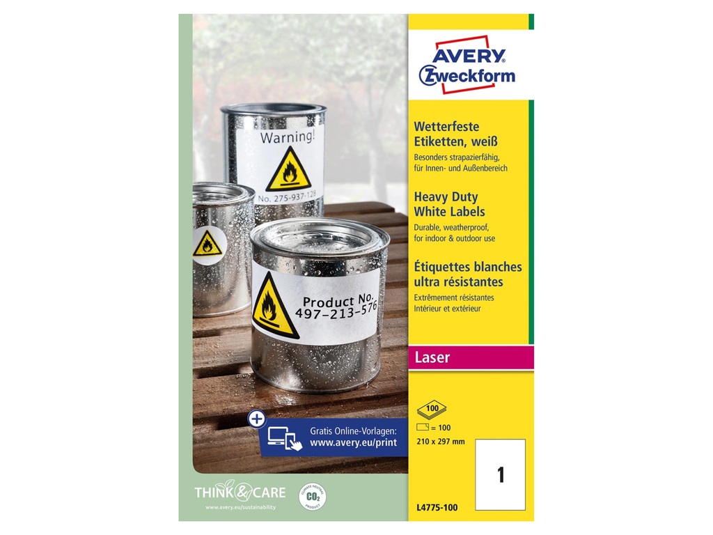 Etiketten Avery 01 etik/bl 210x297mm waterbestendig wit 100bl/d 