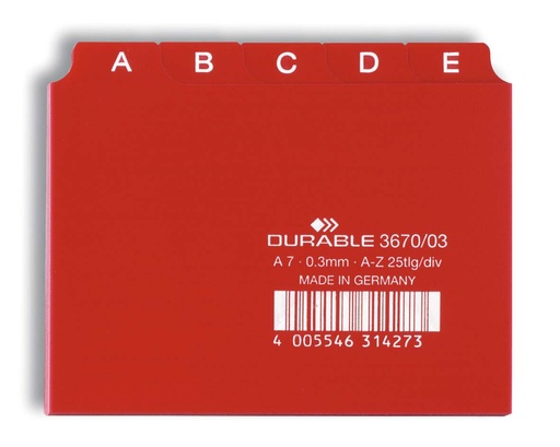 [DUR-367003] Tabkaarten Durable PP A7 indeling 5/5 A-Z bedrukte tabs (rood)