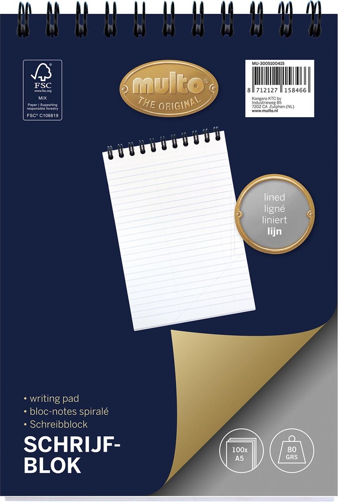 Kopspiraalblok Multo ft A5 gelijnd 100vel