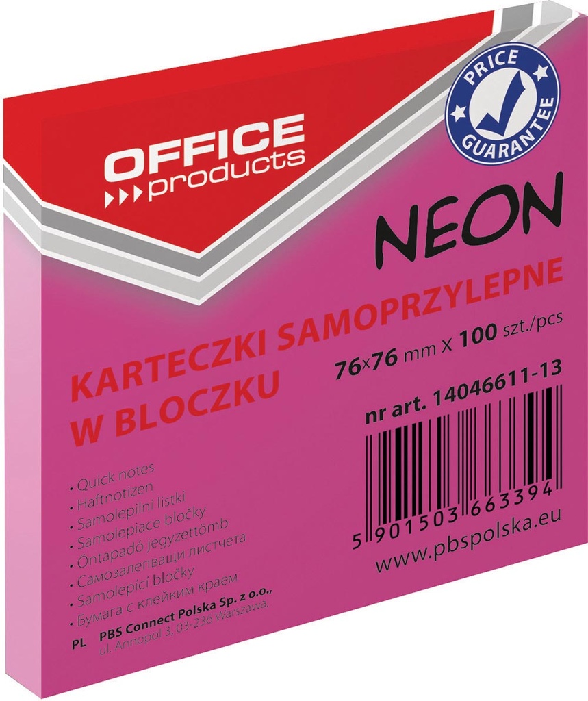  Memoblok Neon OFFICE products ft 76 x 76 mm 100 vel neonroze