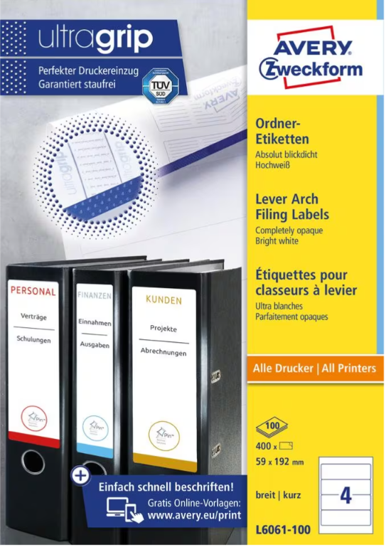 Rugetiket Avery 04 etik/bl 192x59mm wit (100) 