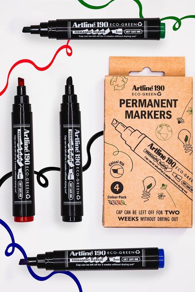Permanent marker Artline Drysafe 190 Eco-Green 2-5 mm schuine punt assorti (4)