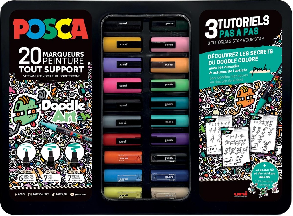 Paintmarker Doodle Art Uni Posca verschillende punten metalen koffer (20)