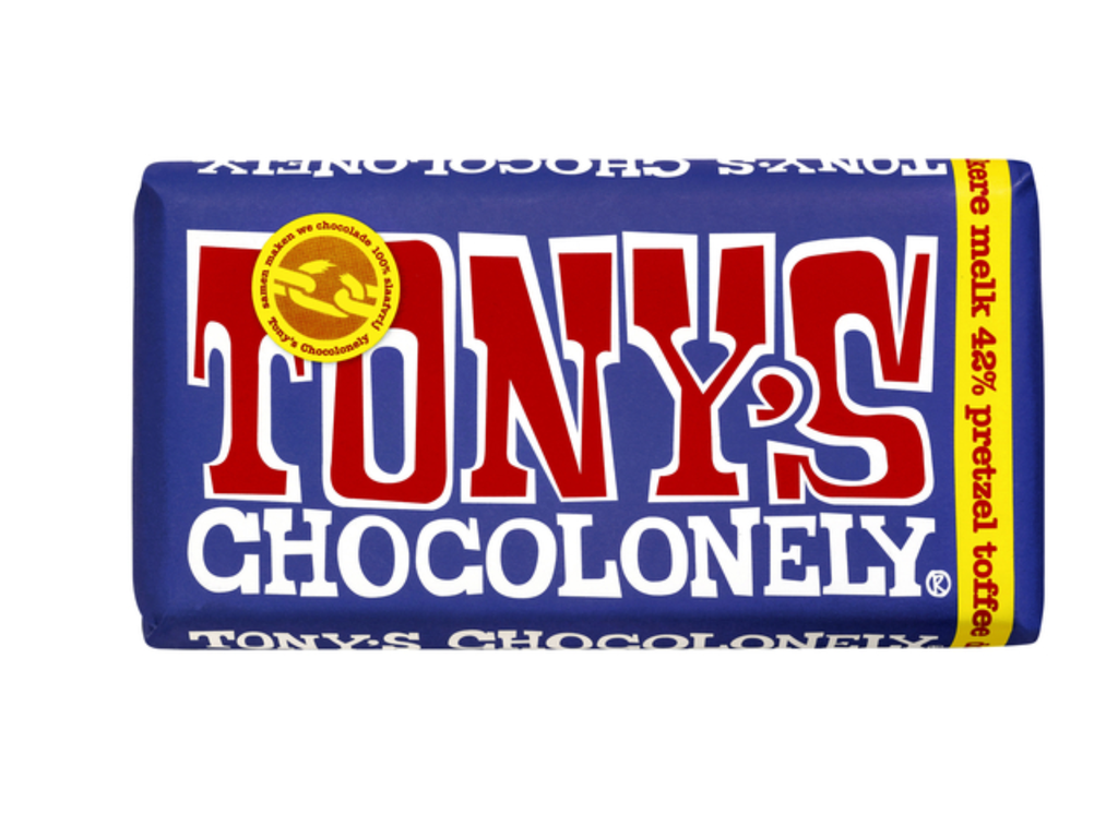 Chocolade Tony's Chocolonely donker melk pretzel toffee reep 180gr