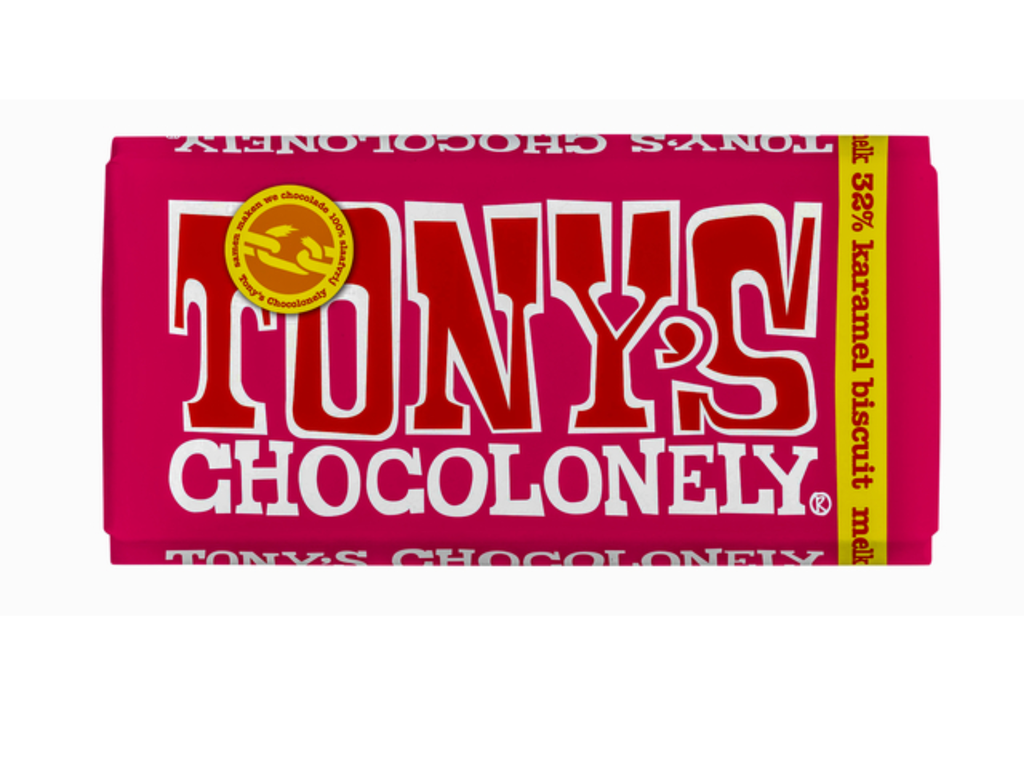 Chocolade Tony's Chocolonely melk karamel biscuit reep 180gr