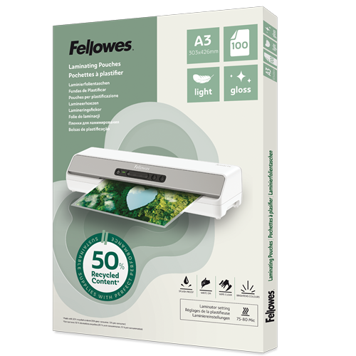 Lamineerhoezen Fellowes 50% gerecycled materiaal - Light A3 Glanzend (100)