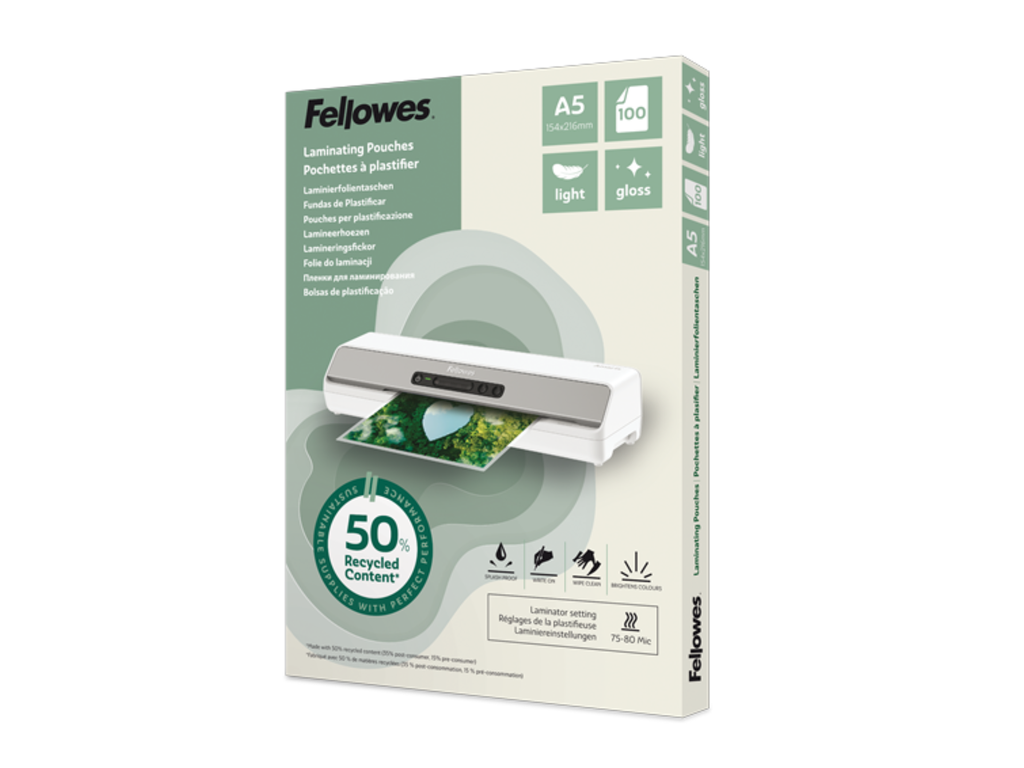 Lamineerhoezen Fellowes 50% gerecycled materiaal - Light A5 Glanzend (100) 