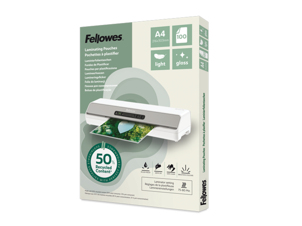 Lamineerhoezen Fellowes 50% gerecycled materiaal - Light A4 glanzend (100)