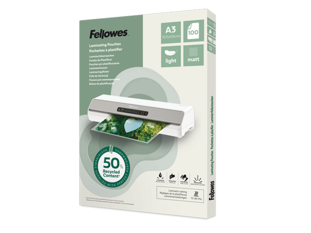 Lamineerhoezen Fellowes 50% gerecycled materiaal - Light A4 mat (100)  